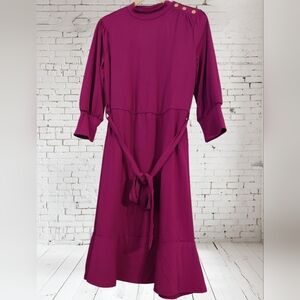 Adrienne Vittadini Elegant Flare Dress In Dark Purple With Golden Accent Buttons